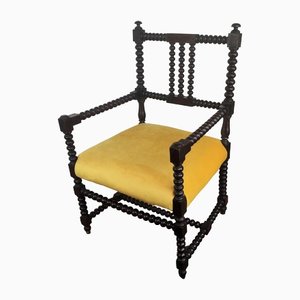 French Turned Barley Twist Carved Bobbin Armchair in New Upholstery