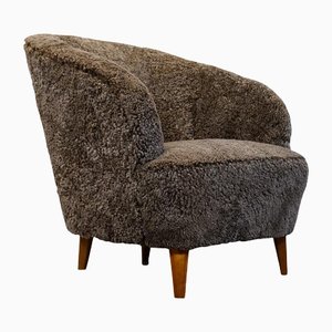 Art Deco Swedish Curved Sheepskin Sahara Lounge Chair, 1940s