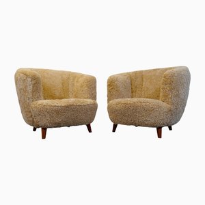 Mid-Century Norwegian Honey Sheepskin Lounge Chairs, 1940s, Set of 2