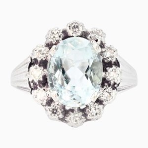French Aquamarine Diamonds 18 Karat White Gold Ring, 1950s
