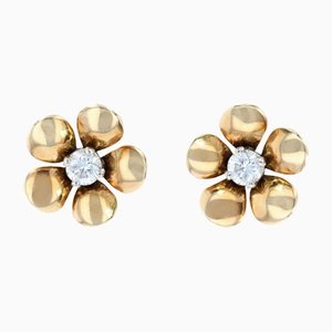 French Modern 18 Karat Gold Flower Earrings with Diamonds, Set of 2