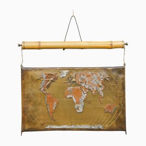 Mid-Century World Map Wall Clock in Brass and Bamboo