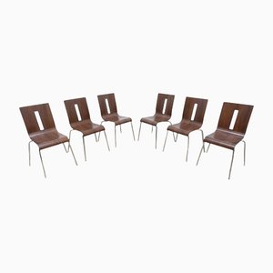 Mid-Century Walnut Ply & Chrome Stacking Dining Chairs, Set of 6