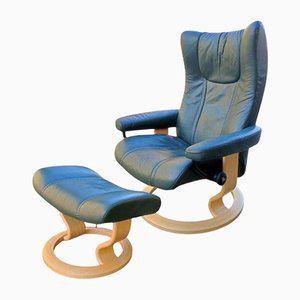 Fauteuil Inclinable et Repose-Pieds Ekornes en Cuir de Stressless, Norvège, Set de 2