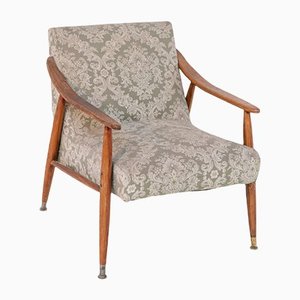 Fauteuil Nordique Vintage en Bois et Tissu Damassé, 1950s