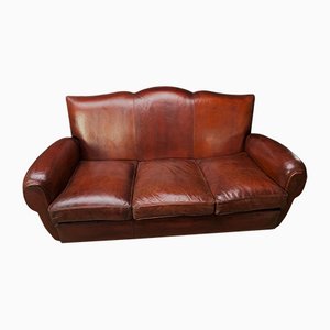 French Leather Havana Moustache Club Sofa with Cuban Cigar Arms, 1950s