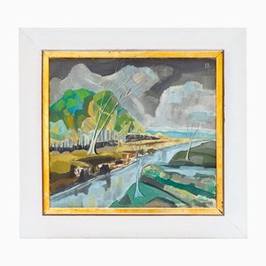 Expressive Landscape with a River, 1980s, Framed