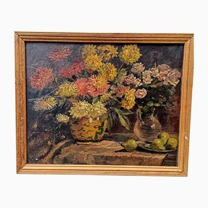 Bodegón con flores y peras, óleo sobre tabla, enmarcado