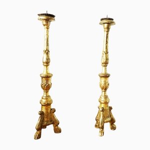 18th Century Gold-Finished Wooden Candlesticks, Set of 2