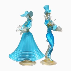 Figuras de pareja bailando de cristal de Murano con lámina dorada. Juego de 2