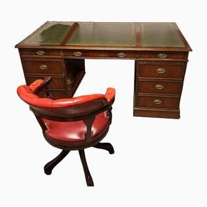 Antique Desk & Red Leather Chair, Set of 2