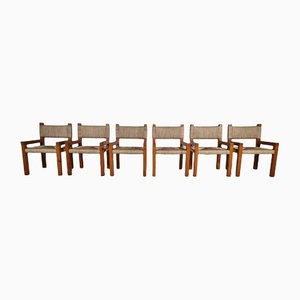 Brutalist Pine Wood Dining Chairs, France, 1960s, Set of 6