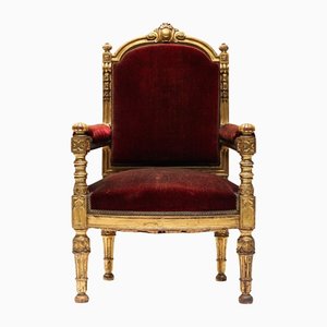 Antique Italian Craftsmanship Armchair Throne in Giltwood & Velvet, 1880s