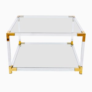 Italian Hollywood Regency Acrylic, Brass & Glass Square Cocktail Table, 1970s