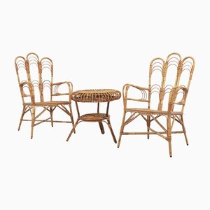 Rattan & Bamboo Armchairs & Coffee Table, Italy, 1960s, Set of 3