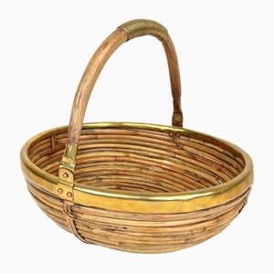 Bamboo & Brass Basket Bowl, Italy, 1970s
