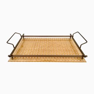 Acrylic, Brass & Rattan Serving Tray by Christian Dior, Italy, 1970s
