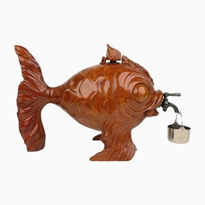 Hand Carved Wood & Metal Fish Bottle Dispenser by Aldo Tura for Macabo, Italy, 1950s