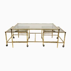 Brass Faux Bamboo & Glass Nesting Coffee Tables and Cart, Italy, 1960s, Set of 3