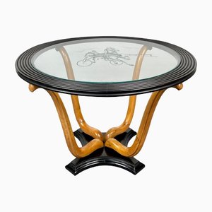 Art Deco Wood & Glass Round Coffee Side Table, Italy, 1940s
