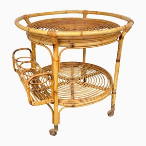 Bamboo & Rattan Round Serving Bar Cart Trolley, Italy, 1960s