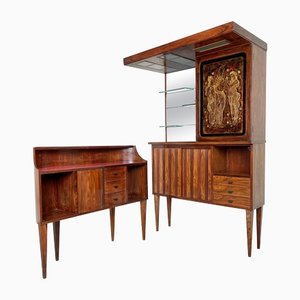 Mueble bar Mid-Century moderno de madera, espejo y vidrio, años 60