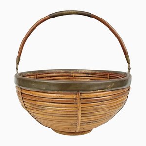 Grand Panier en Rotin et Laiton, Italie, 1970s