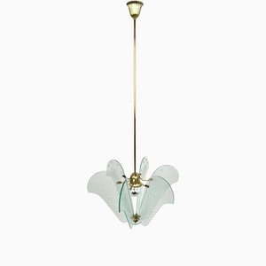 Carved Glass & Brass Chandelier, Italy, 1950s