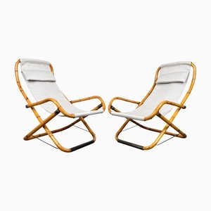 Bamboo, Iron & Fabric Folding Lounge Deck Chair, Italy, 1960s, Set of 2