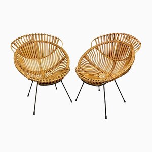 Rattan, Wicker & Iron Armchairs, France, 1960s, Set of 2