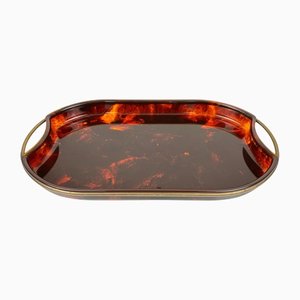 Faux Tortoise Shell Acrylic & Brass Serving Tray, Italy, 1970s