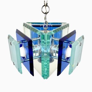 Lámpara de araña de vidrio azul y cromo de Lupi Cristal Luxor, Italy, años 70