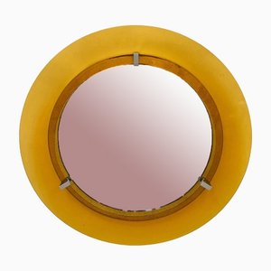 Espejo de pared convexo amarillo de vidrio y cromo de Veca, Italy, años 60