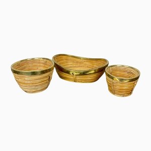 Italian Baskets in Rattan and Brass, 1970s, Set of 3