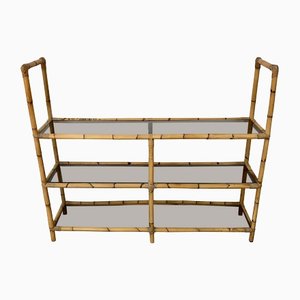 Bamboo Rattan & Smoked Glass Console Bookcase, Italy, 1960s