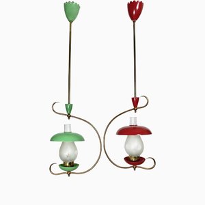 Green & Red Metal & Brass Pendant Light, Italy, 1950s, Set of 2