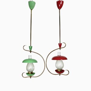 Lampade a sospensione in metallo verde e rosso, Italia, anni '50, set di 2