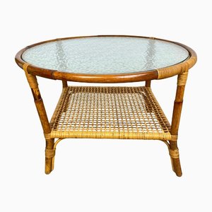 Bamboo Rattan & Frosted Glass Coffee Table, Italy, 1960s