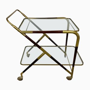 Brass Mahogany & Glass Bar Serving Cart Trolley by Cesare Lacca, Italy, 1950s