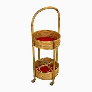 Bamboo & Rattan Round Service Side Bar Cart, Italy, 1960s