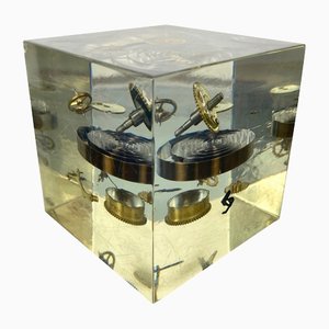 Acrylic Paperweight Cube Sculpture With Clock Parts by Pierre Giraudon, 1970s