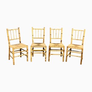 Chaises Vintage en Paille et Bambou, Italie, 1960s, Set de 4