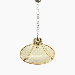 Lámpara colgante italiana de bambú, metal, vidrio y ratán, años 60