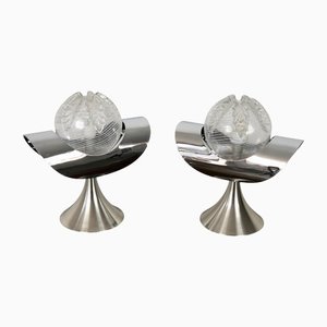 Lampada da tavolo in metallo cromato, acciaio e vetro, anni '70, set di 2