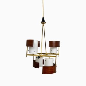 Teak, Brass & Opaline Glass Chandelier Pendant from Stilnovo, Italy, 1960s