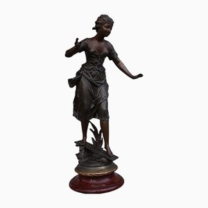 French Sculpture of Girl on Wood Base by Ernest Rancoulet