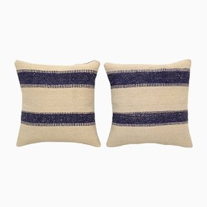 Vintage Blue Striped Organic Hemp Kilim Pillows, Set of 2