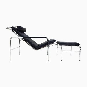 Black Leather & Chrome Reclining Lounge Chair & Ottoman by Gabriele Mucchi, 1980s, Set of 2