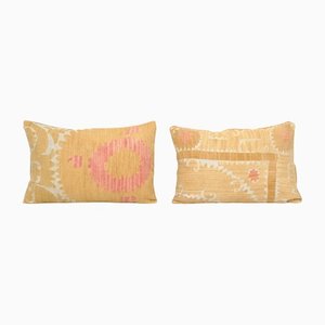 Faded Yellow Embroidery Suzani Throw Pillows, Set of 2