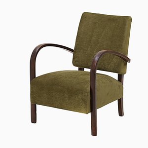 Curved Wood & Green Velvet Armchair, 1940s